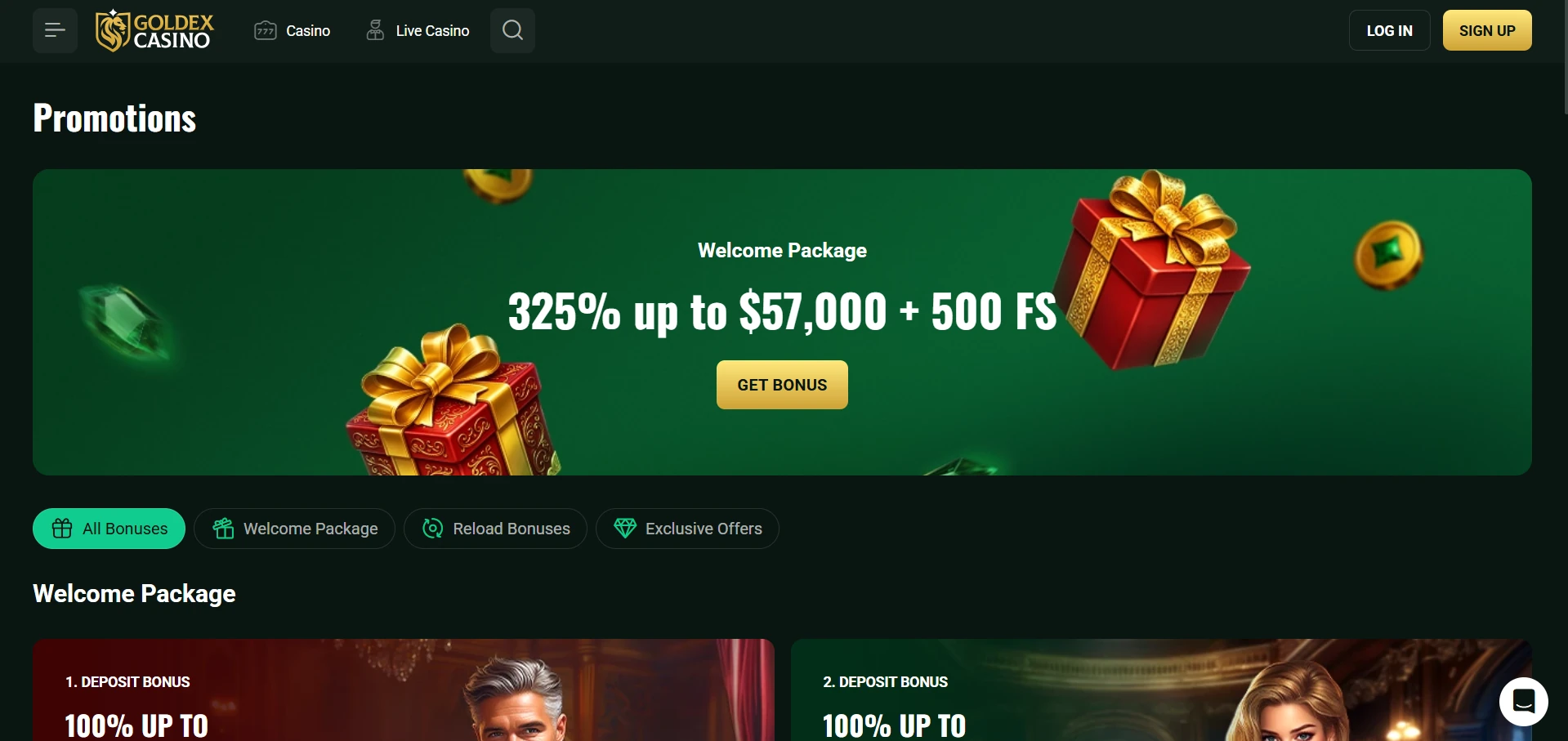 Goldex promotions page with the Welcome Package banner 325% up to $57,000 + 500 FS and tabs for All Bonuses, Welcome Package, Reload Bonuses and Exclusive Offers