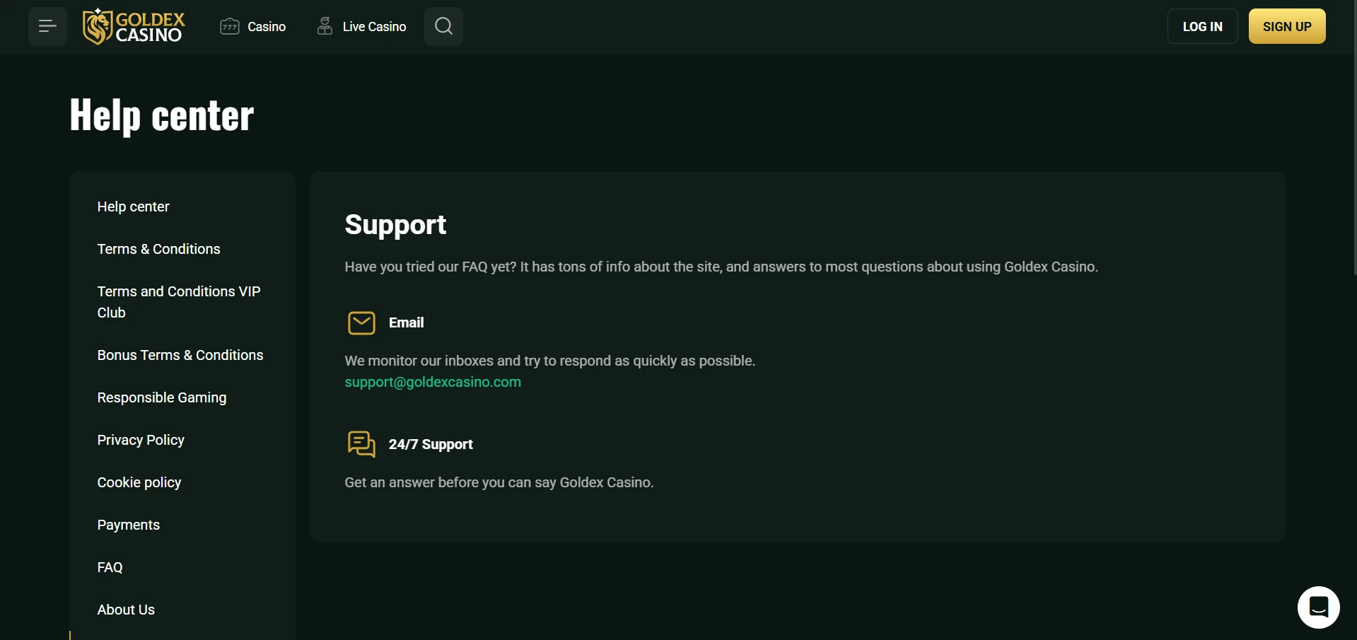 Goldex Help center page showing the Support section with an email address and 24/7 support