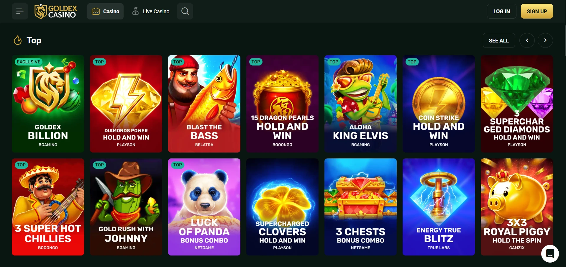 Goldex game lobby, Top section with fourteen pokies tiles and the provider name printed under each title