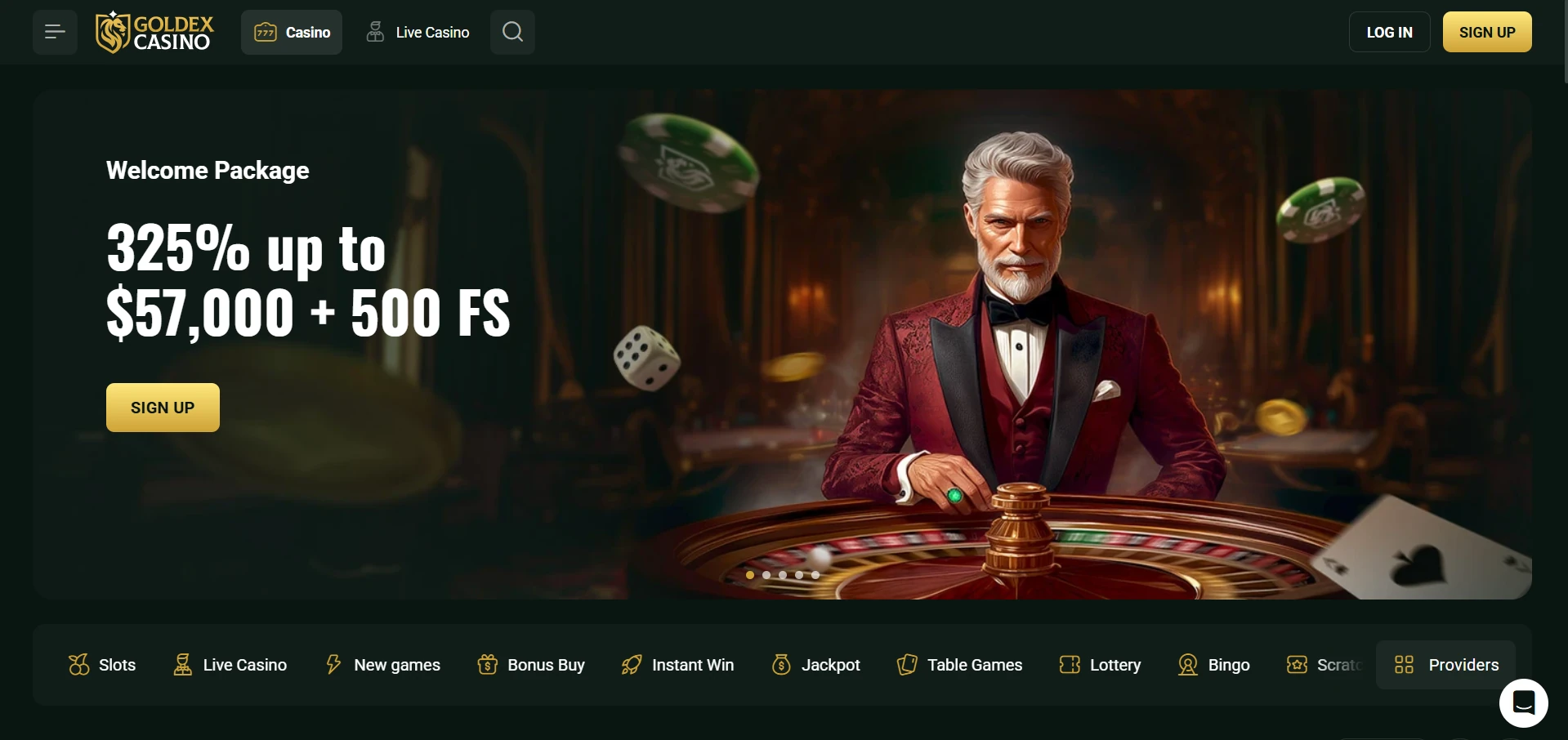 Goldex home page with the Welcome Package banner, the Casino and Live Casino tabs and the game category bar