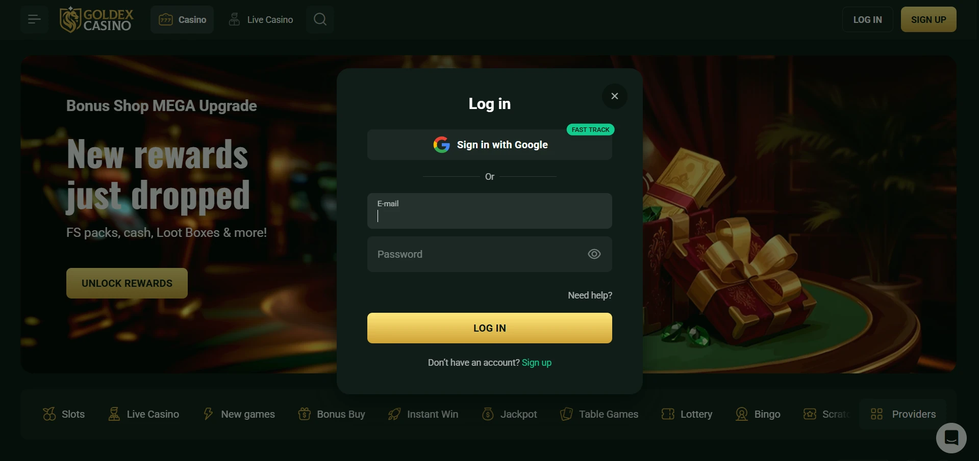 Goldex Casino login window with a Sign in with Google button, e-mail and password fields, a Need help link and a Log in button