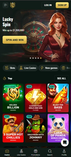 Goldex Casino mobile view with the Lucky Spin banner, the Top tiles and the bottom bar of Casino, Live Casino, Promotions, Search and Profile