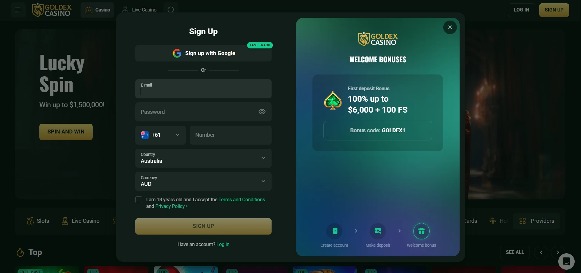 Goldex sign-up form with e-mail, password, +61 phone, Australia and AUD fields